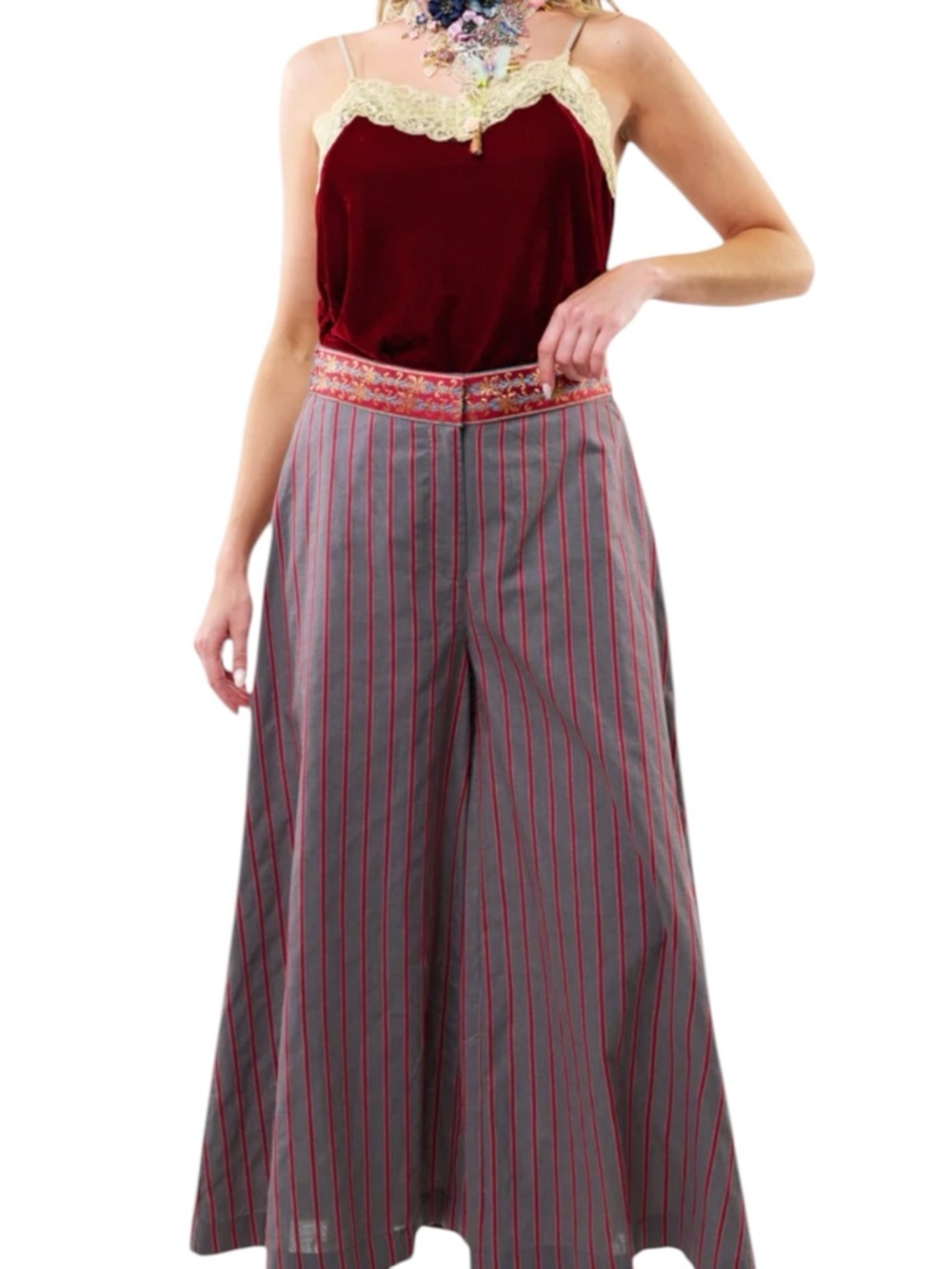 Aratta Large High-Waist Wide Leg Pinstripe Palazzo Pants in Gray and Red